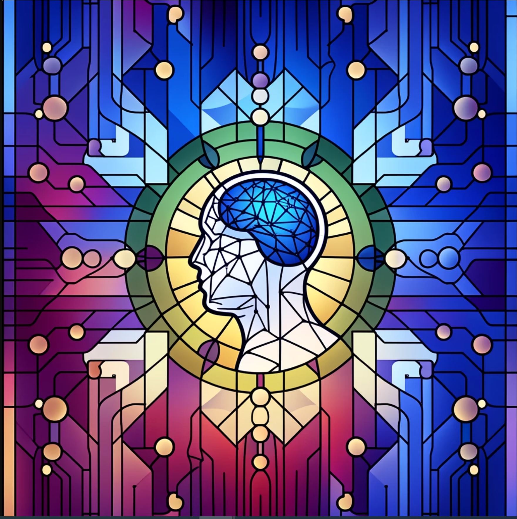 An image representing AI success depicted in a simplified digital stained glass style. The illustration features a central figure symbolizing artificial intelligence, surrounded by clean elements like neural networks and circuit-like designs, set against a gradient of deep blues and purples