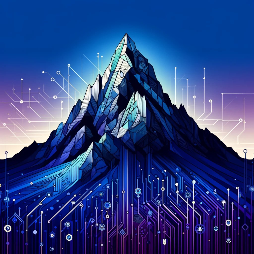 Powerful digital mountain depicted in a simplified digital stained glass style, featuring elements symbolizing artificial intelligence with neural networks, abstract data patterns, and circuit-like designs. The mountain has a towering, majestic presence with sharp, defined peaks and strong, angular lines, set against a gradient background of deep blues and purples, symbolizing innovation and progress